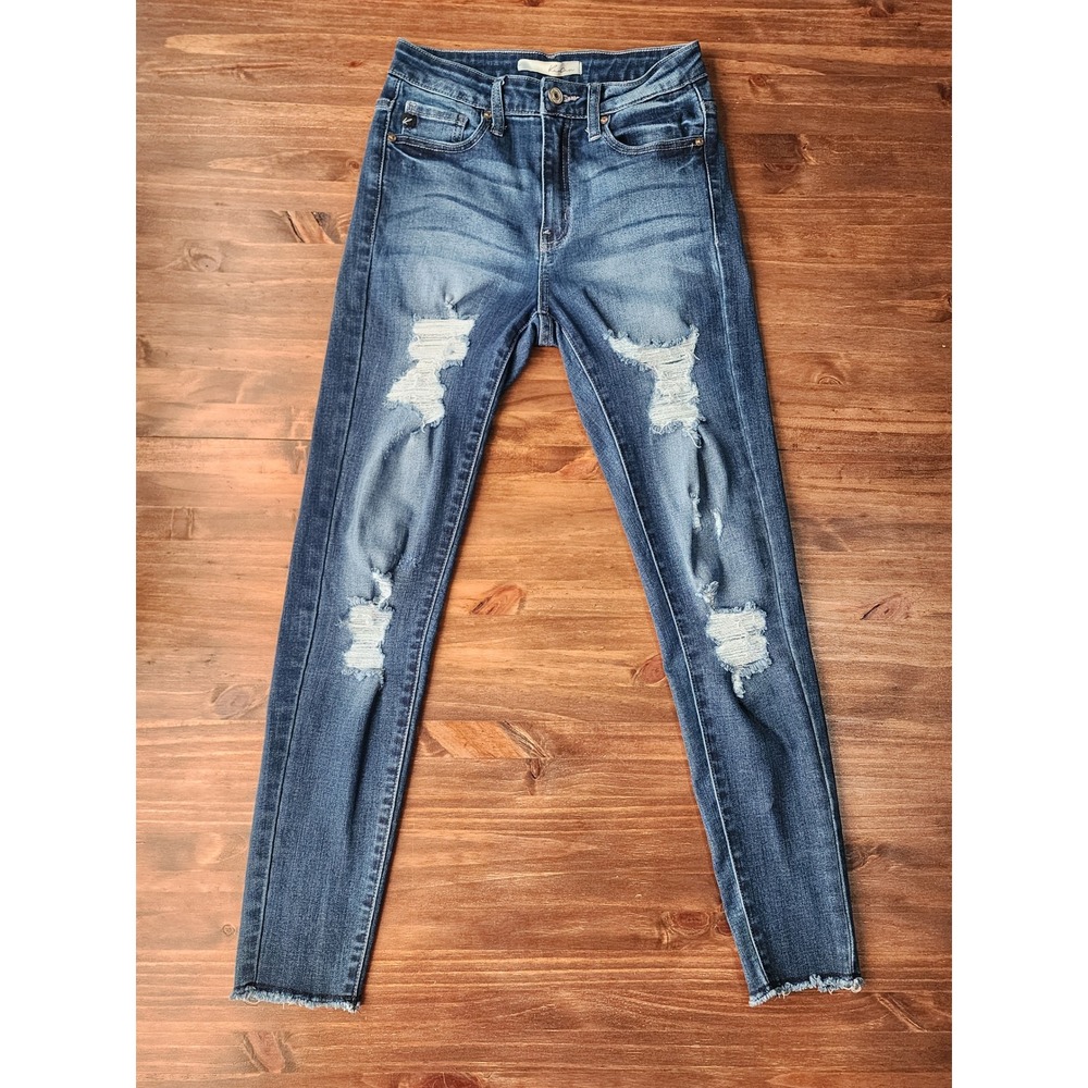 Kancan Women 5/26 Distressed Ankle Skinny Jeans Medium Wash Raw Hem Edgy Grunge